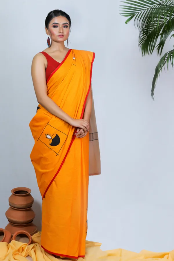 Yellow_Applique_Full_Sleeve_1Pic_Women'S_Saree_And_1Pic_Men'S_Kurta_For_Couple