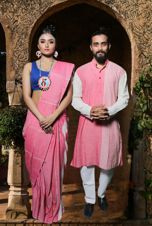 Pink_Self_Design_Full_Sleeve_1Pic_Women'S_Saree_And_1Pic_Men'S_Kurta_For_Couple