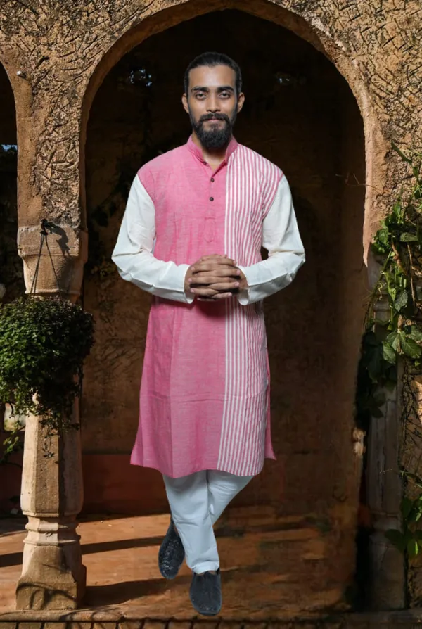 Pink_Self_Design_Full_Sleeve_1Pic_Women'S_Saree_And_1Pic_Men'S_Kurta_For_Couple