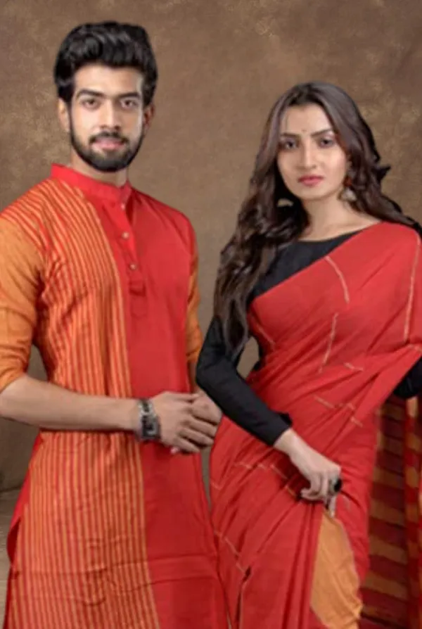 Orange_Solid_Full_Sleeve_Kurta_And_Saree_For_Couple