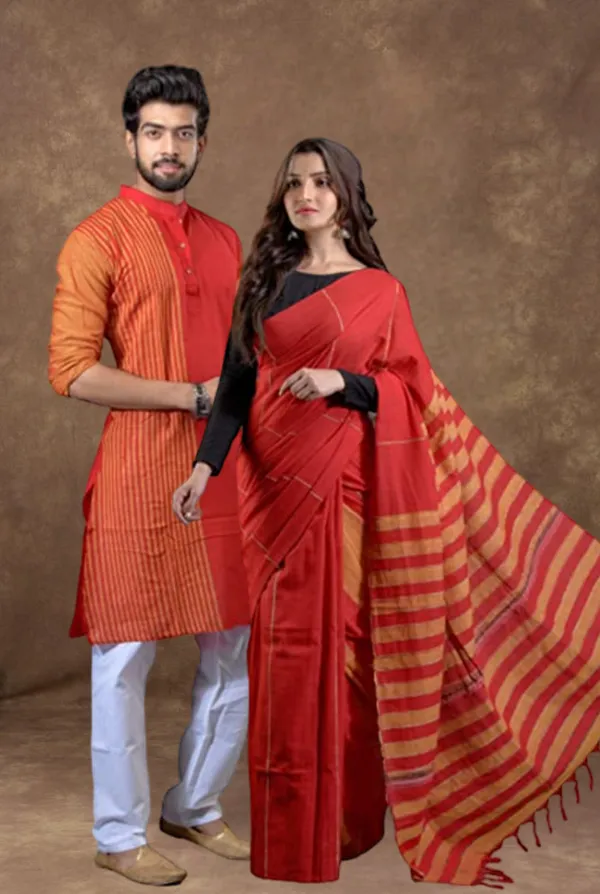 Orange_Solid_Full_Sleeve_Kurta_And_Saree_For_Couple