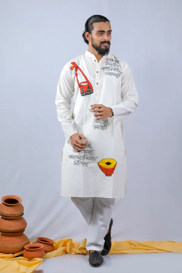 White_Applique_Na_1Pic_Women'S_Saree_And_1Pic_Men'S_Kurta_For_Couple