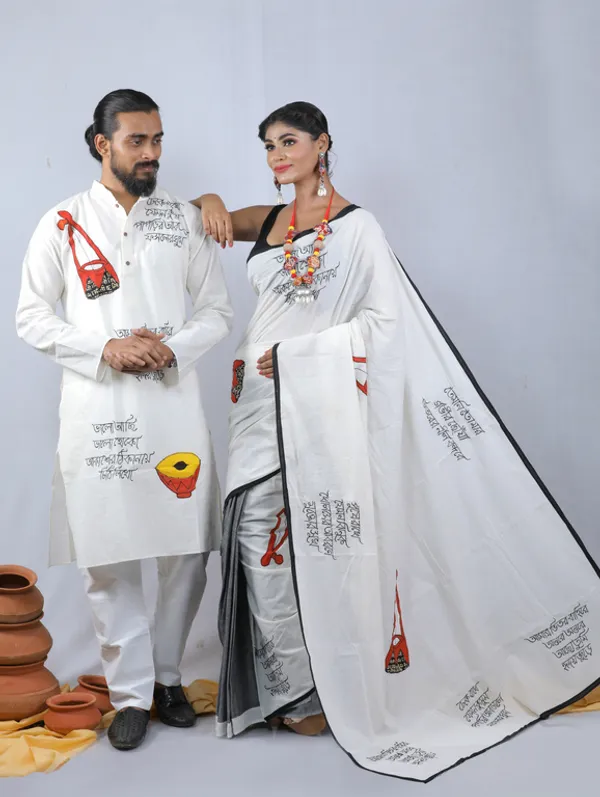 White_Applique_Na_1Pic_Women'S_Saree_And_1Pic_Men'S_Kurta_For_Couple