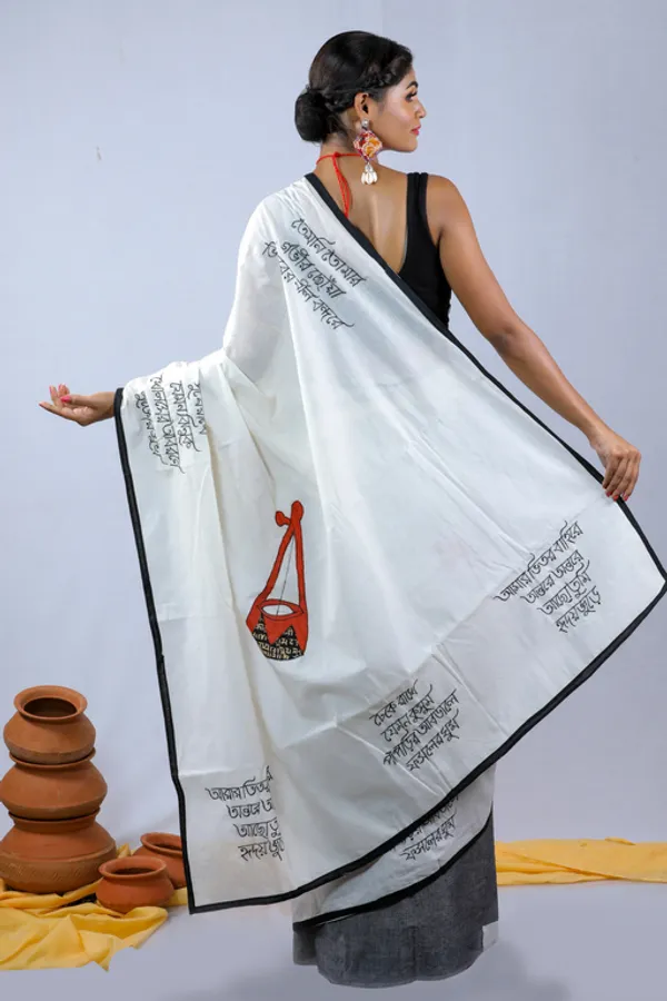 White_Applique_Na_1Pic_Women'S_Saree_And_1Pic_Men'S_Kurta_For_Couple
