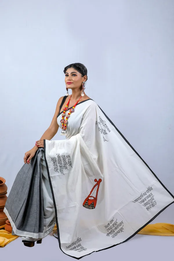 White_Applique_Na_1Pic_Women'S_Saree_And_1Pic_Men'S_Kurta_For_Couple
