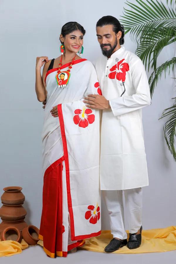 Multicolor_Applique_Full_Sleeve_1Pic_Women'S_Saree_And_1Pic_Men'S_Kurta_For_Couple