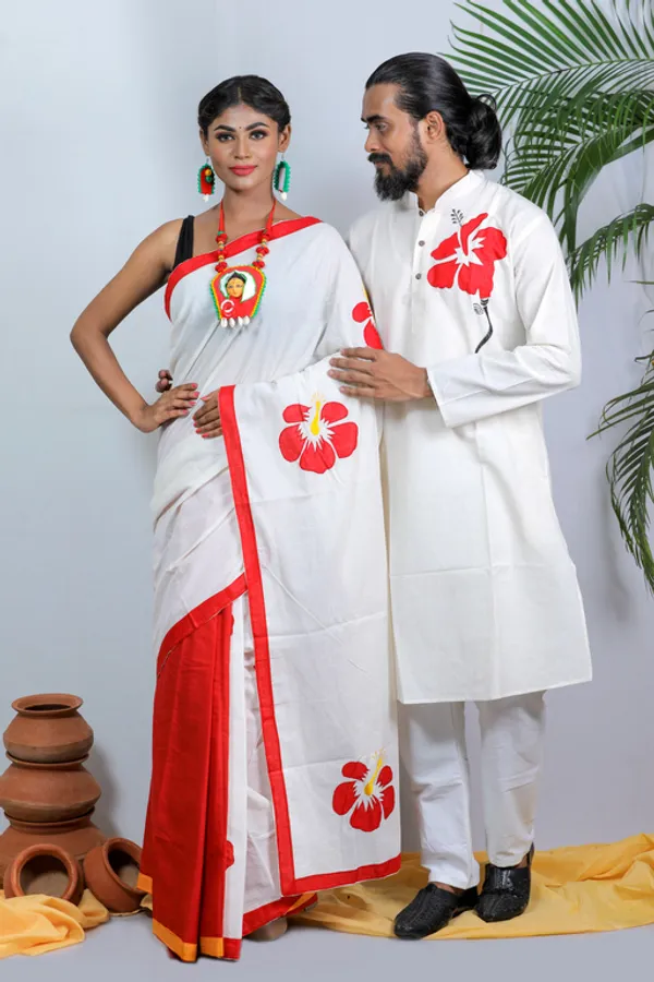 Multicolor_Applique_Full_Sleeve_1Pic_Women'S_Saree_And_1Pic_Men'S_Kurta_For_Couple