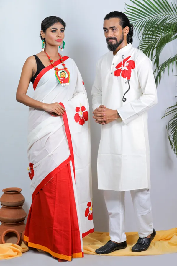 Multicolor_Applique_Full_Sleeve_1Pic_Women'S_Saree_And_1Pic_Men'S_Kurta_For_Couple
