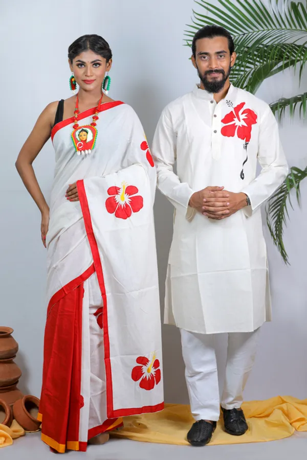 Multicolor_Applique_Full_Sleeve_1Pic_Women'S_Saree_And_1Pic_Men'S_Kurta_For_Couple