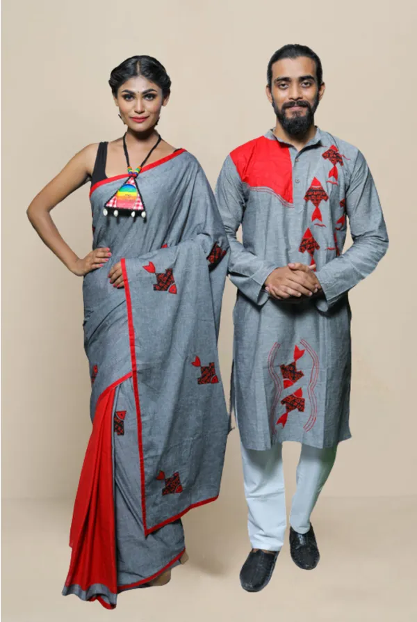 Grey_Applique_Full_Sleeve_Kurta_And_Pyjama_Set_For_Couple