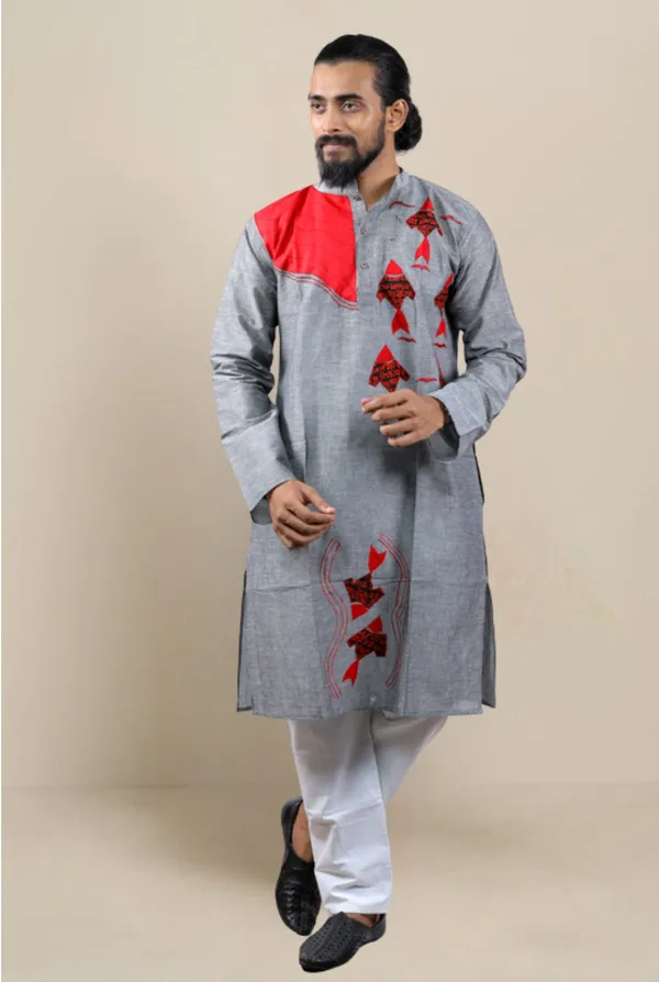 Grey_Applique_Full_Sleeve_Kurta_And_Pyjama_Set_For_Couple