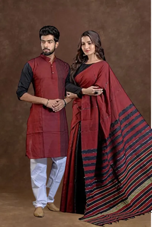 Multicolor_Solid_Full_Sleeve_Kurta_And_Saree_For_Couple