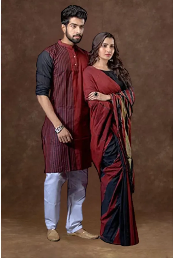 Multicolor_Solid_Full_Sleeve_Kurta_And_Saree_For_Couple