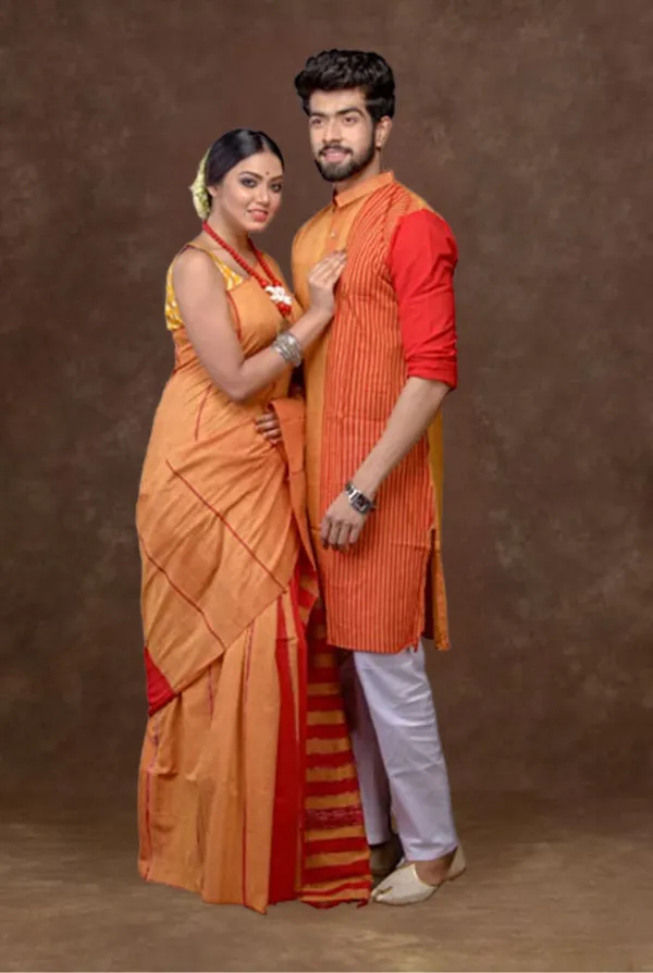 Orange_Self_Design_Full_Sleeve_Kurta_And_Saree_For_Couple