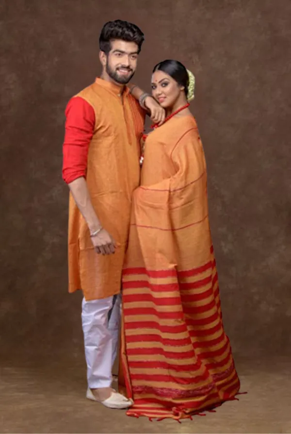 Orange_Self_Design_Full_Sleeve_Kurta_And_Saree_For_Couple