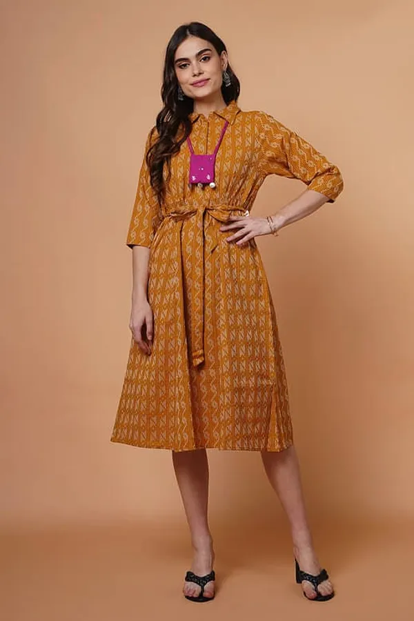 Yellow_Cotton_Kantha_Design_Dress_With_Neckpiece
