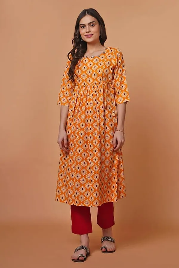 Yellow_Rayon_Flared_Kurta_with_Draw_String