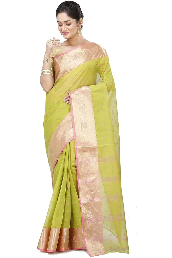 Pure_Cotton_Bengali_Tant_Saree_for_Women_|_Premium_Woven_Design_Saree__|_Olive_Green