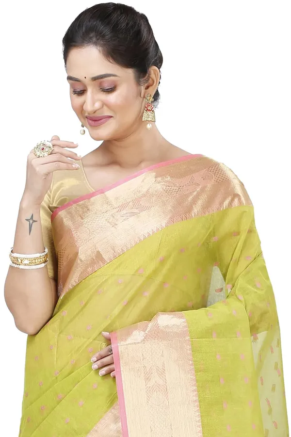 Pure_Cotton_Bengali_Tant_Saree_for_Women_|_Premium_Woven_Design_Saree__|_Olive_Green