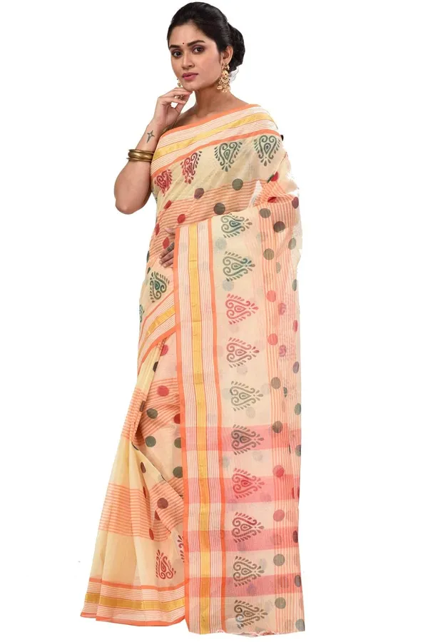Pure_Cotton_Bengali_Tant_Saree_for_Women_|_Premium_Woven_Design_Saree__|_Orange
