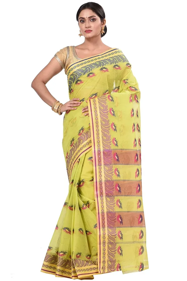 Pure_Cotton_Bengali_Tant_Saree_for_Women_|_Premium_Woven_Design_Saree__|_Olive_Green