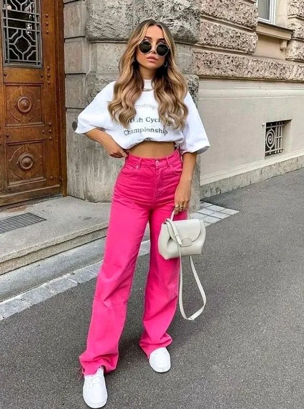 Hot_Pink_Comfy_Women's_High_Waist_Wide_LegJeans