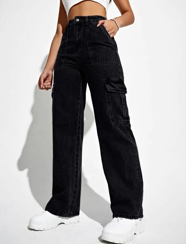 Black_High_Waist_Wide_Leg_Side_Flap_Pocket_Cargo_Jeans