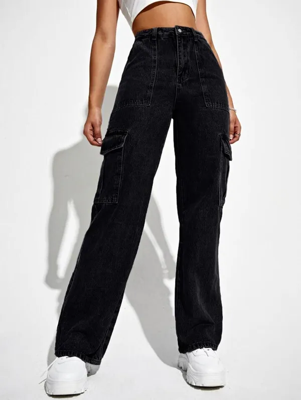 Black_High_Waist_Wide_Leg_Side_Flap_Pocket_Cargo_Jeans