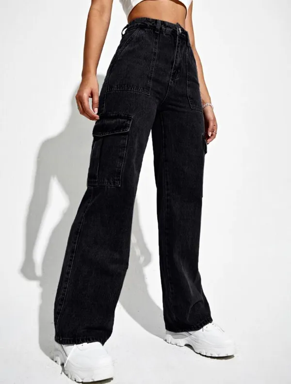 Black_High_Waist_Wide_Leg_Side_Flap_Pocket_Cargo_Jeans