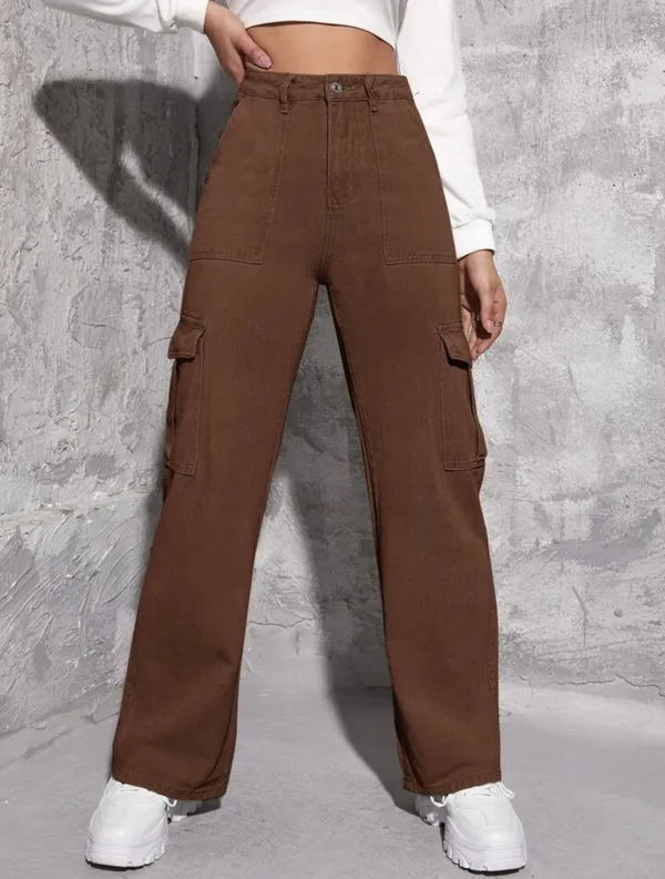 Brown_High_Waist_Wide_Leg_Side_Flap_Pocket_Cargo_Jeans