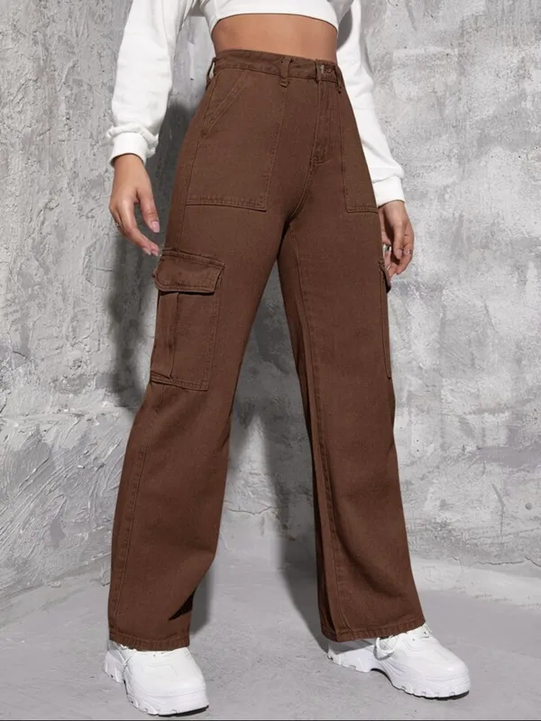 Brown_High_Waist_Wide_Leg_Side_Flap_Pocket_Cargo_Jeans
