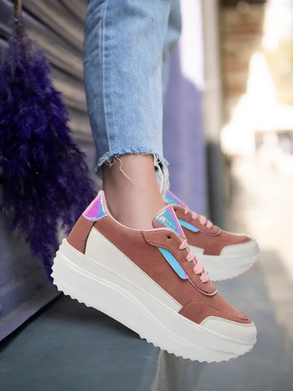 Peach_women_synthetic_&_velvet_fusion_flatform_sneakers