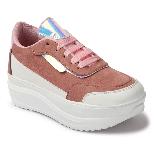 Peach_women_synthetic_&_velvet_fusion_flatform_sneakers