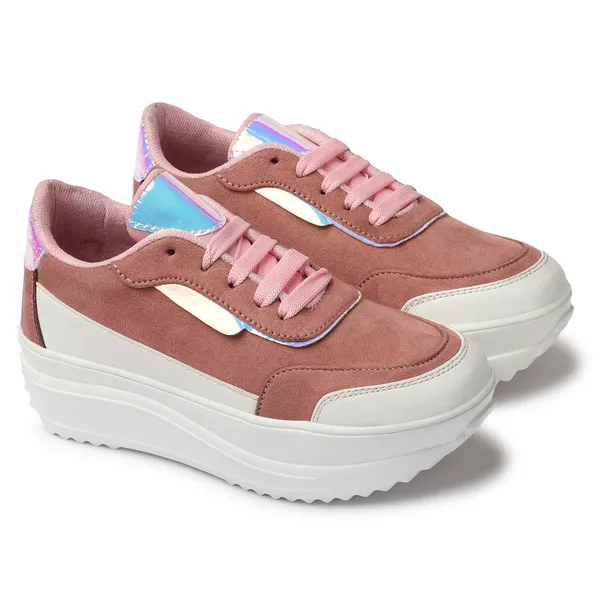 Peach_women_synthetic_&_velvet_fusion_flatform_sneakers