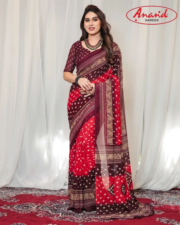Printed,_Geometric_Print_Bandhani_Georgette_Saree_(Red,_Brown)