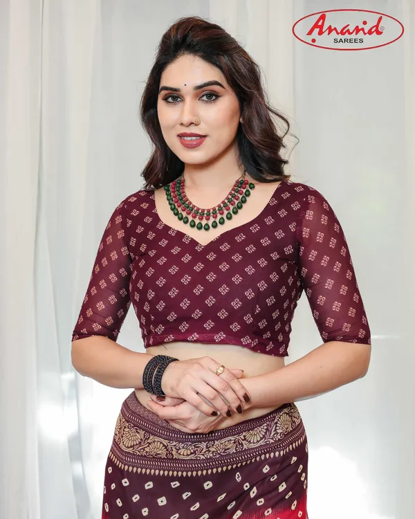 Printed,_Geometric_Print_Bandhani_Georgette_Saree_(Red,_Brown)