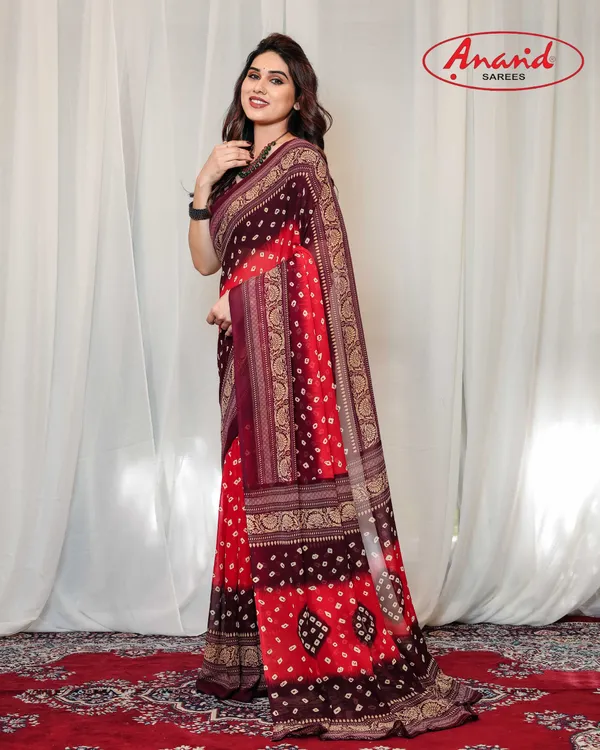 Printed,_Geometric_Print_Bandhani_Georgette_Saree_(Red,_Brown)