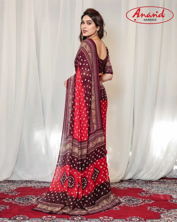 Printed,_Geometric_Print_Bandhani_Georgette_Saree_(Red,_Brown)