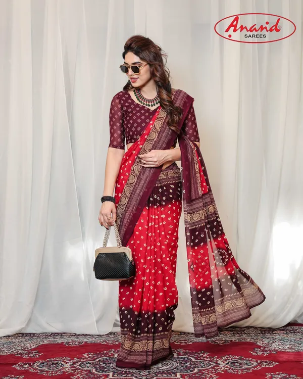 Printed,_Geometric_Print_Bandhani_Georgette_Saree_(Red,_Brown)