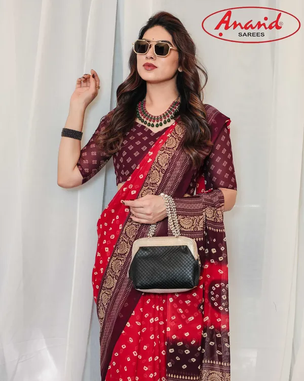 Printed,_Geometric_Print_Bandhani_Georgette_Saree_(Red,_Brown)