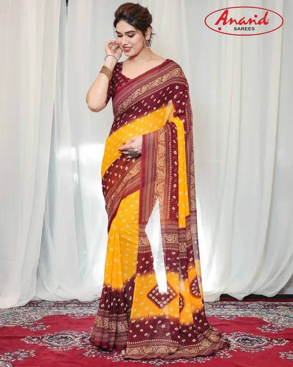 Printed,_Geometric_Print_Bandhani_Georgette_Saree_(Yellow,_Maroon)