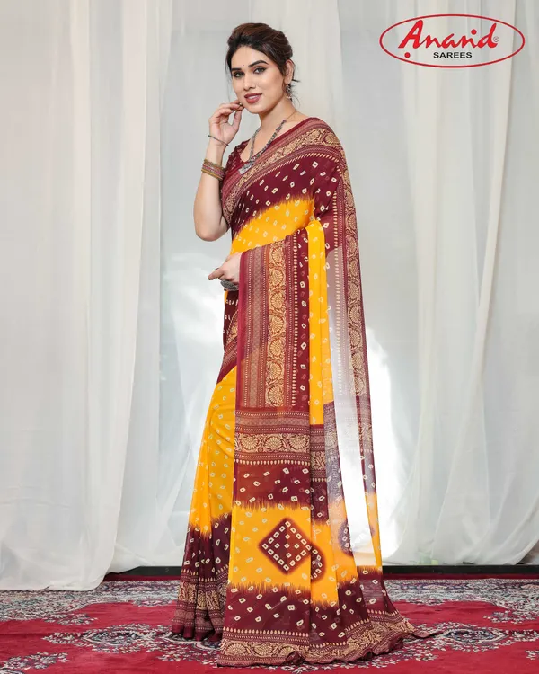Printed,_Geometric_Print_Bandhani_Georgette_Saree_(Yellow,_Maroon)