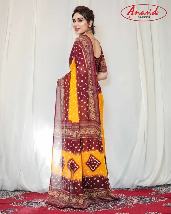 Printed,_Geometric_Print_Bandhani_Georgette_Saree_(Yellow,_Maroon)