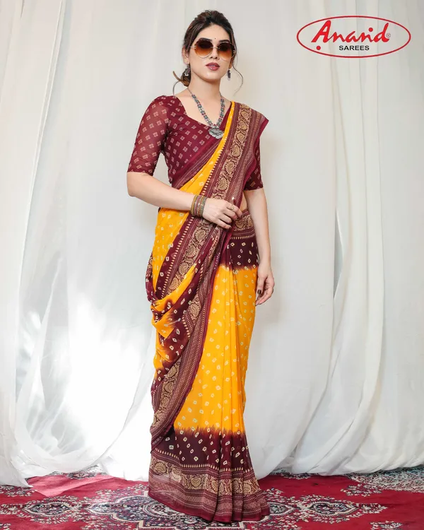 Printed,_Geometric_Print_Bandhani_Georgette_Saree_(Yellow,_Maroon)