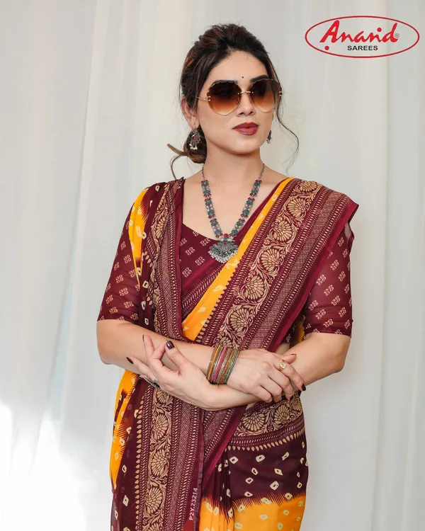 Printed,_Geometric_Print_Bandhani_Georgette_Saree_(Yellow,_Maroon)