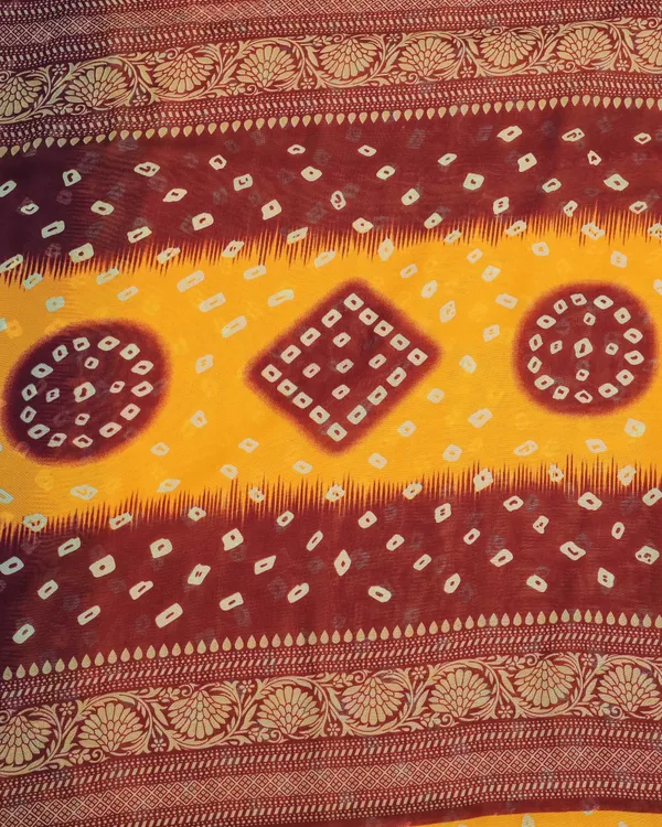 Printed,_Geometric_Print_Bandhani_Georgette_Saree_(Yellow,_Maroon)