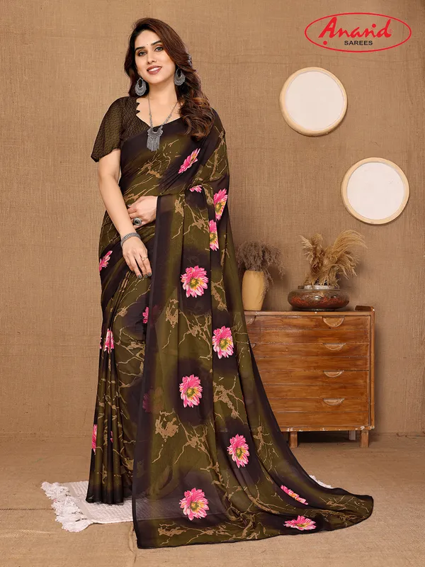 Floral_Print_Bollywood_Georgette_Saree???(Dark_Green,_Brown)