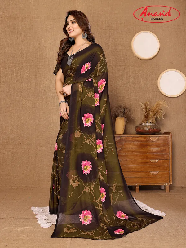 Floral_Print_Bollywood_Georgette_Saree???(Dark_Green,_Brown)