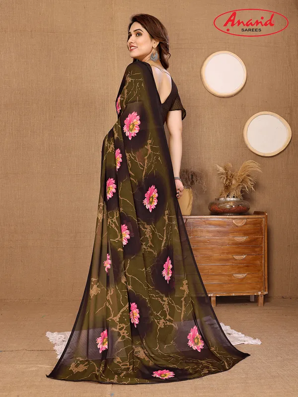 Floral_Print_Bollywood_Georgette_Saree???(Dark_Green,_Brown)