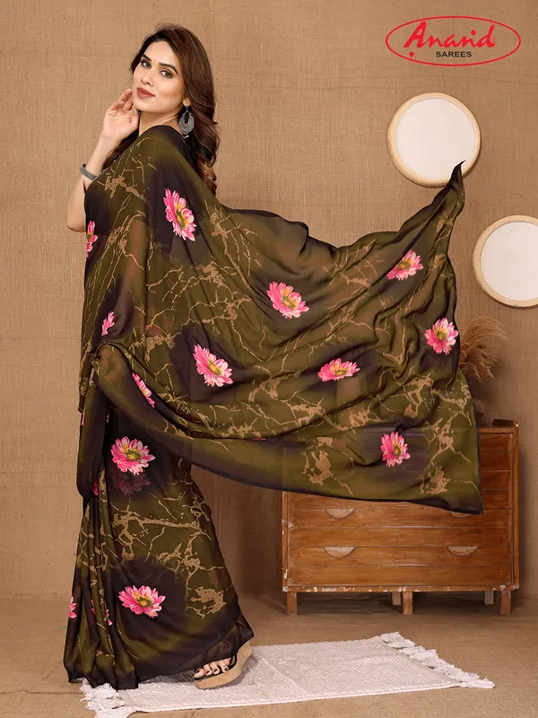 Floral_Print_Bollywood_Georgette_Saree???(Dark_Green,_Brown)